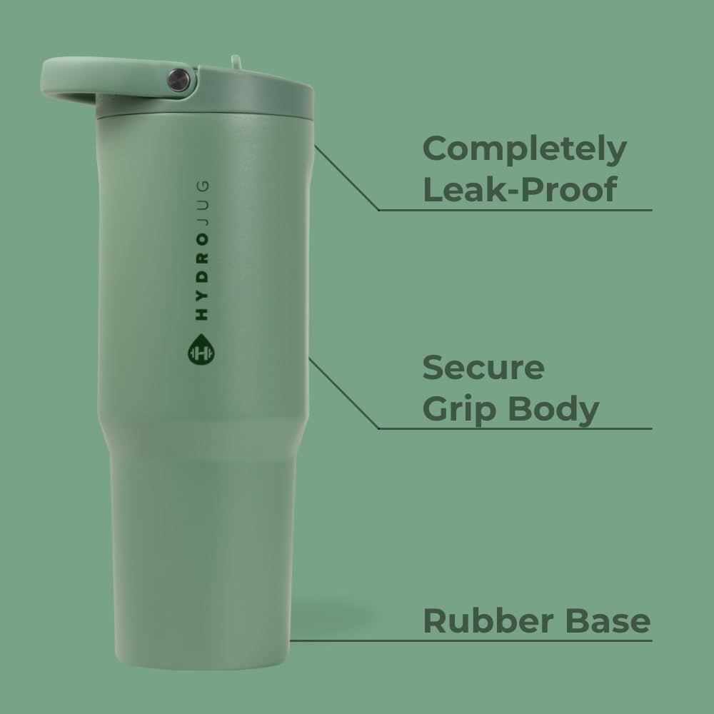 HydroJug Sport - Stainless Steel Tumbler with Straw, Vacuum Insulated, 40oz Leakproof Water Bottle, Ergonomic Design, Reusable, Dishwasher Safe, Rubber Base, Durable for Gym or Outdoors, Sage