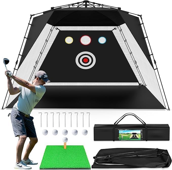 Golf Net, Easy POP UP Golf Practice Hitting Nets with Turf Mat, Easy to Install 10x7.5FT All in 1 Hitting Aid Backyard Driving Chipping Swing Training, Idea Gifts for Men