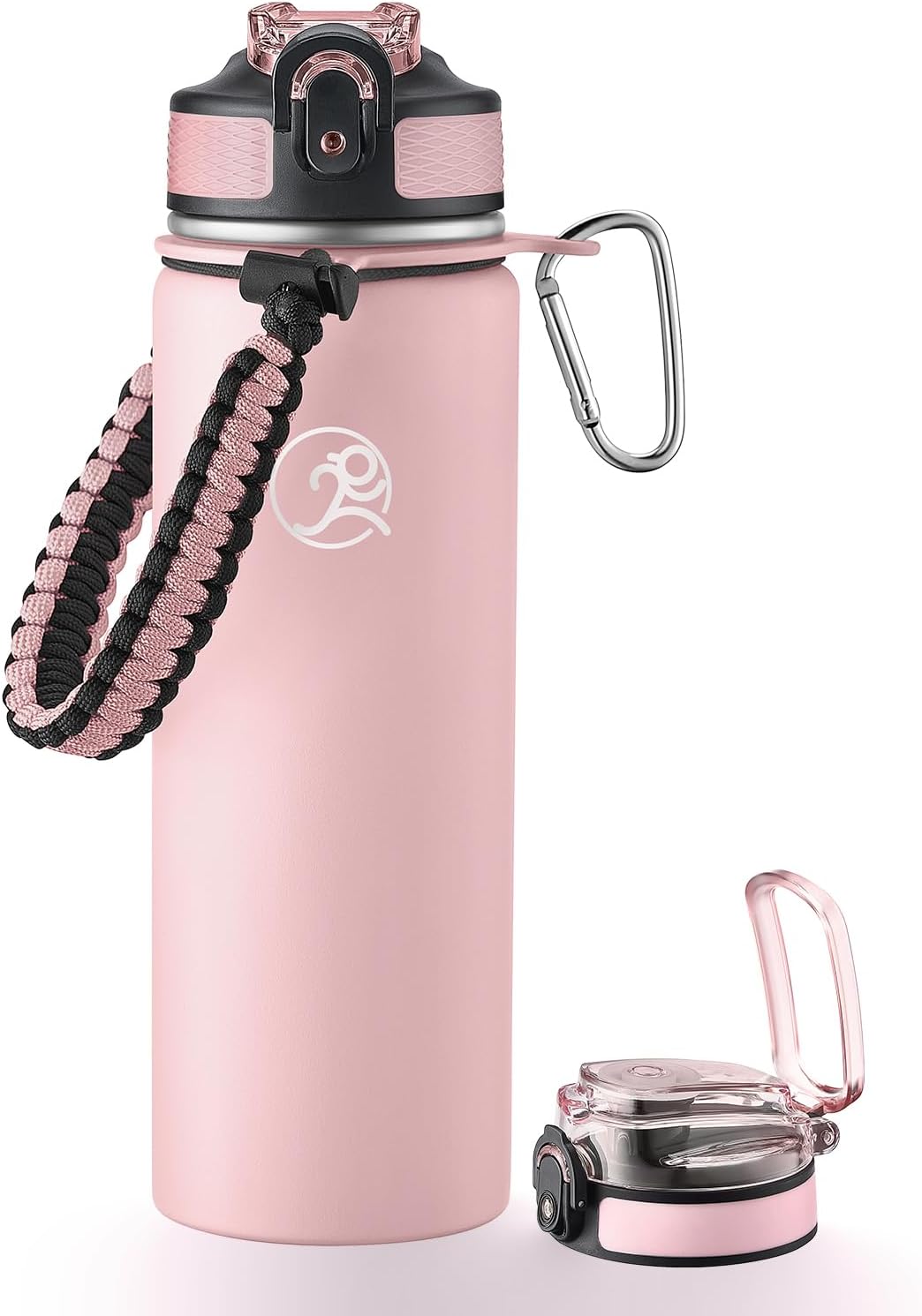 GOSWAG Insulated Sports Water Bottle, 24oz 2 Lids(with Straw/No Straw), Stainless Steel Water Bottles with Paracord Handle, Insulated Thermos with Double-Wall Vacuum Insulation