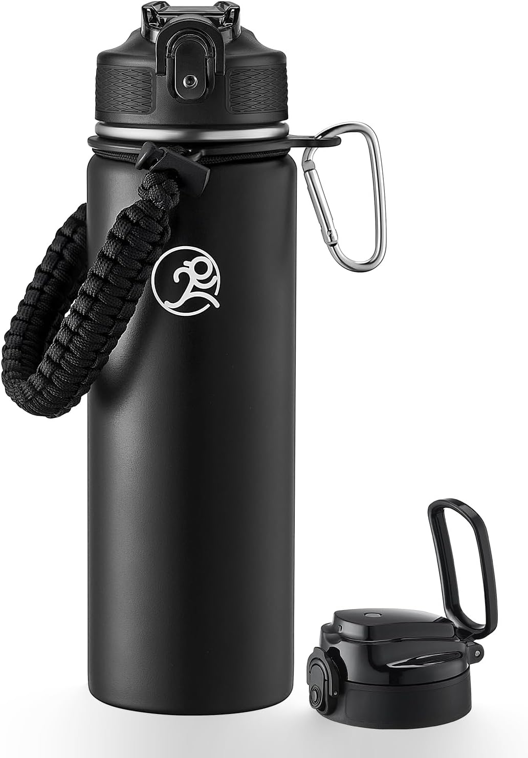 GOSWAG Insulated Sports Water Bottle, 24oz 2 Lids(with Straw/No Straw), Stainless Steel Water Bottles with Paracord Handle, Insulated Thermos with Double-Wall Vacuum Insulation