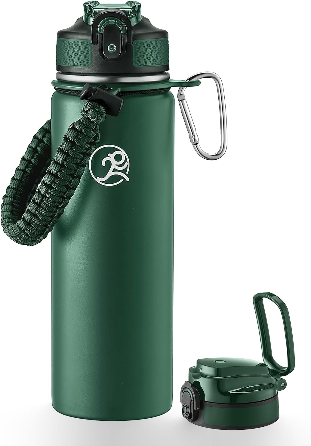 GOSWAG Insulated Sports Water Bottle, 24oz 2 Lids(with Straw/No Straw), Stainless Steel Water Bottles with Paracord Handle, Insulated Thermos with Double-Wall Vacuum Insulation