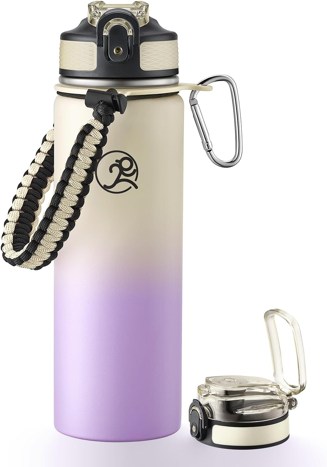 GOSWAG Insulated Sports Water Bottle, 24oz 2 Lids(with Straw/No Straw), Stainless Steel Water Bottles with Paracord Handle, Insulated Thermos with Double-Wall Vacuum Insulation