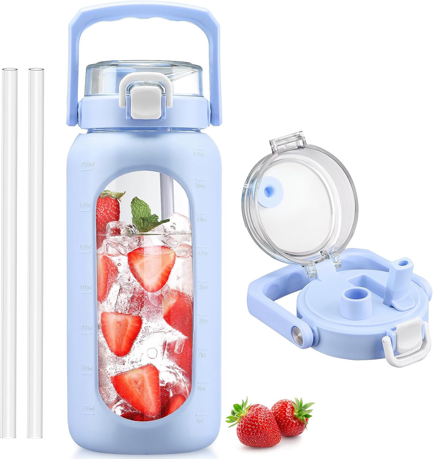 BLUEGO 64oz Glass Water Bottle with Handle and Straw, Motivational Sports Water Bottle with Time Marker and Silicone Sleeve Leakproof Drinking Bottle for Travel Gym Workout, Olive