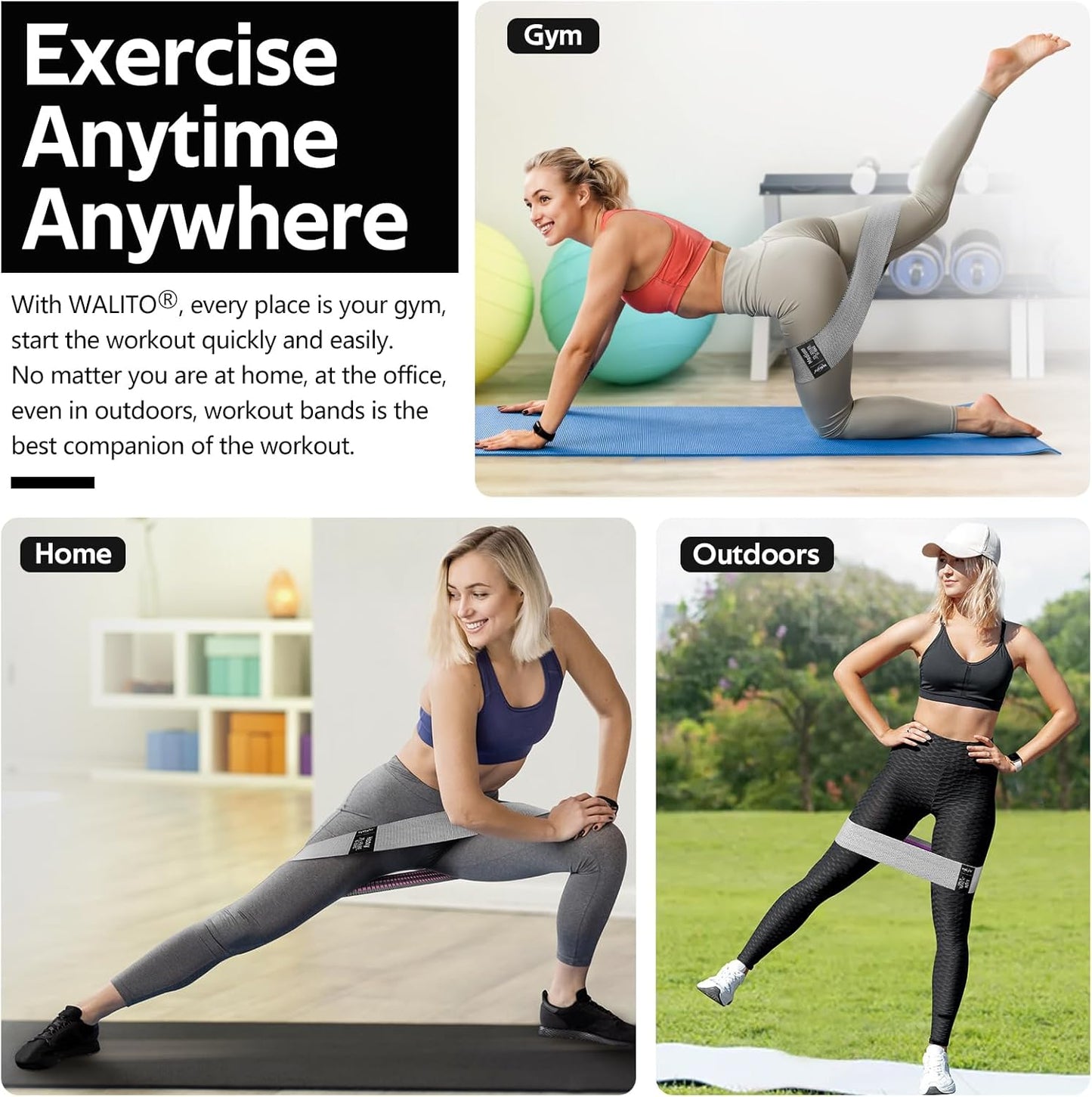 WALITO Resistance Bands for Legs and Butt, Fabric Exercise Loop Bands Yoga, Pilates, Rehab, Fitness and Home Workout, Strength Bands for Booty