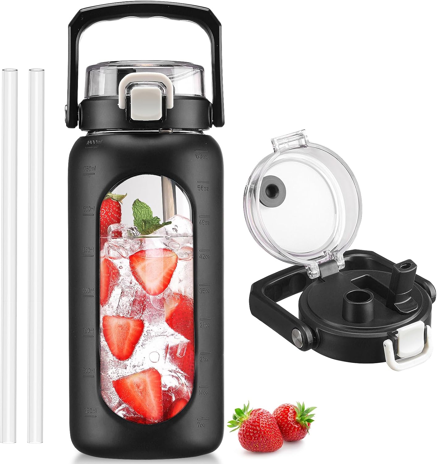 BLUEGO 64oz Glass Water Bottle with Handle and Straw, Motivational Sports Water Bottle with Time Marker and Silicone Sleeve Leakproof Drinking Bottle for Travel Gym Workout, Olive