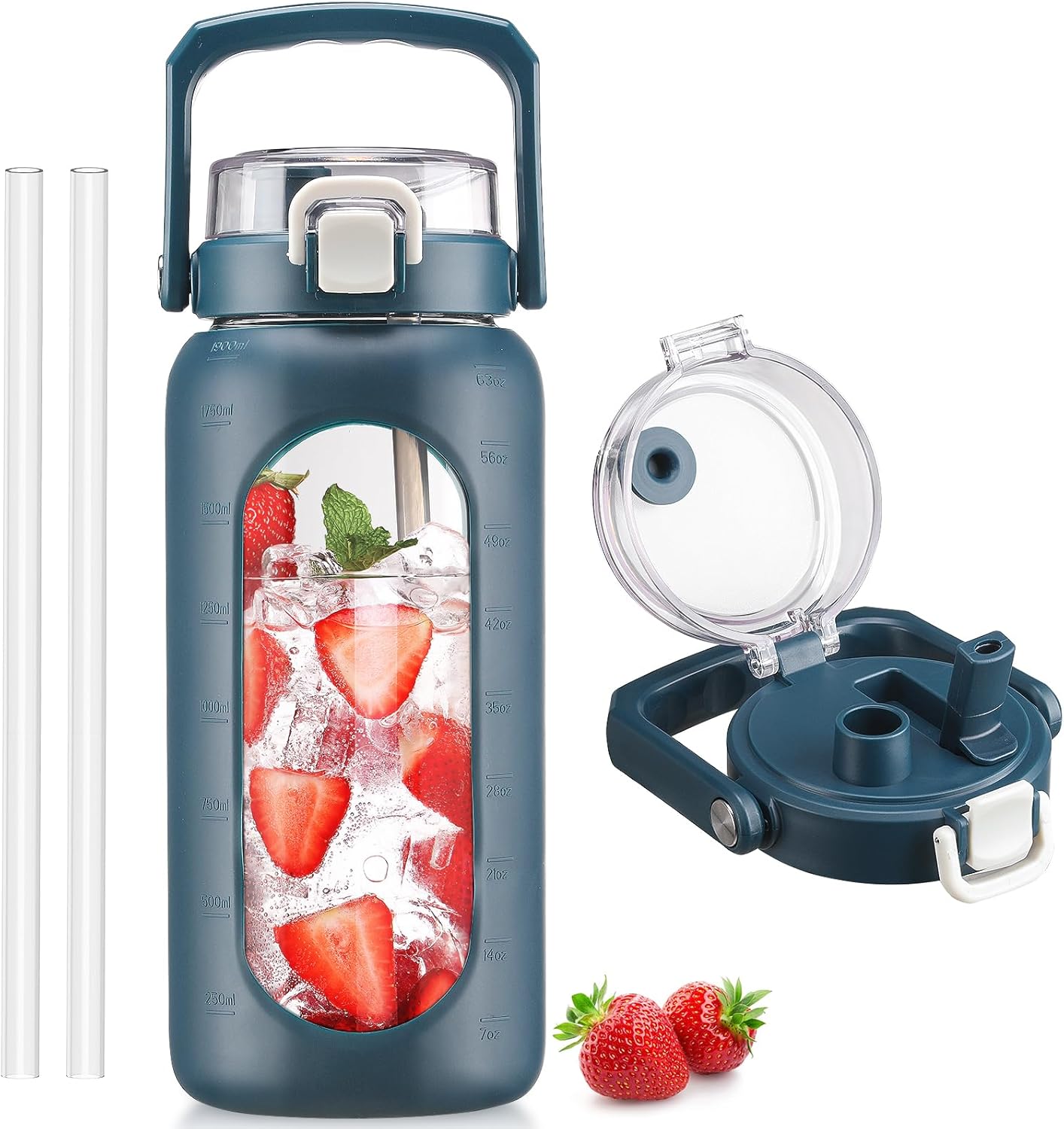 BLUEGO 64oz Glass Water Bottle with Handle and Straw, Motivational Sports Water Bottle with Time Marker and Silicone Sleeve Leakproof Drinking Bottle for Travel Gym Workout, Olive