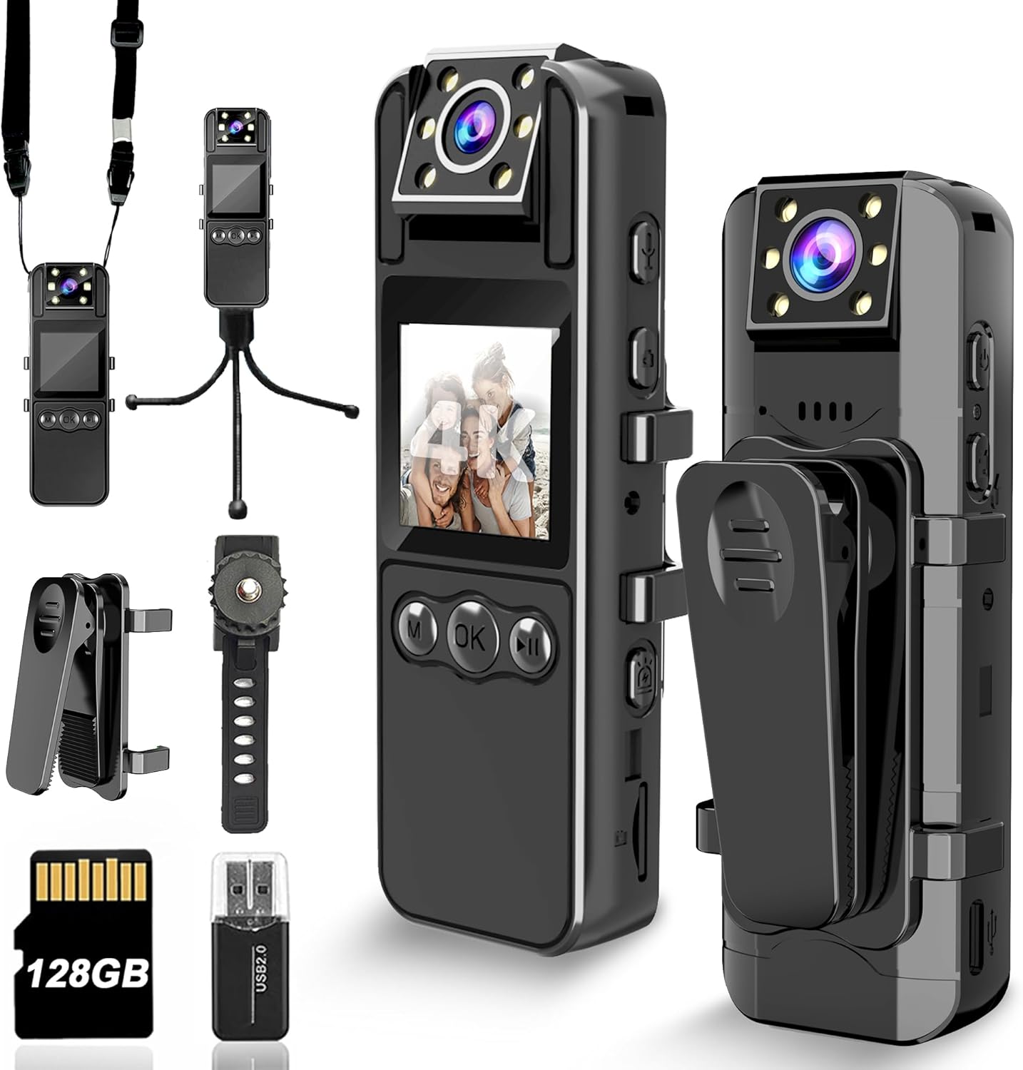 Body Camera with Audio and Video Recording, HD 1080P Body Cam with 180° Rotating Lens, 6HR Battery, IR Cut Auto Night Vision, 128GB Body Worn Camcorder, for Personal Civilians, Police Law Enforcement