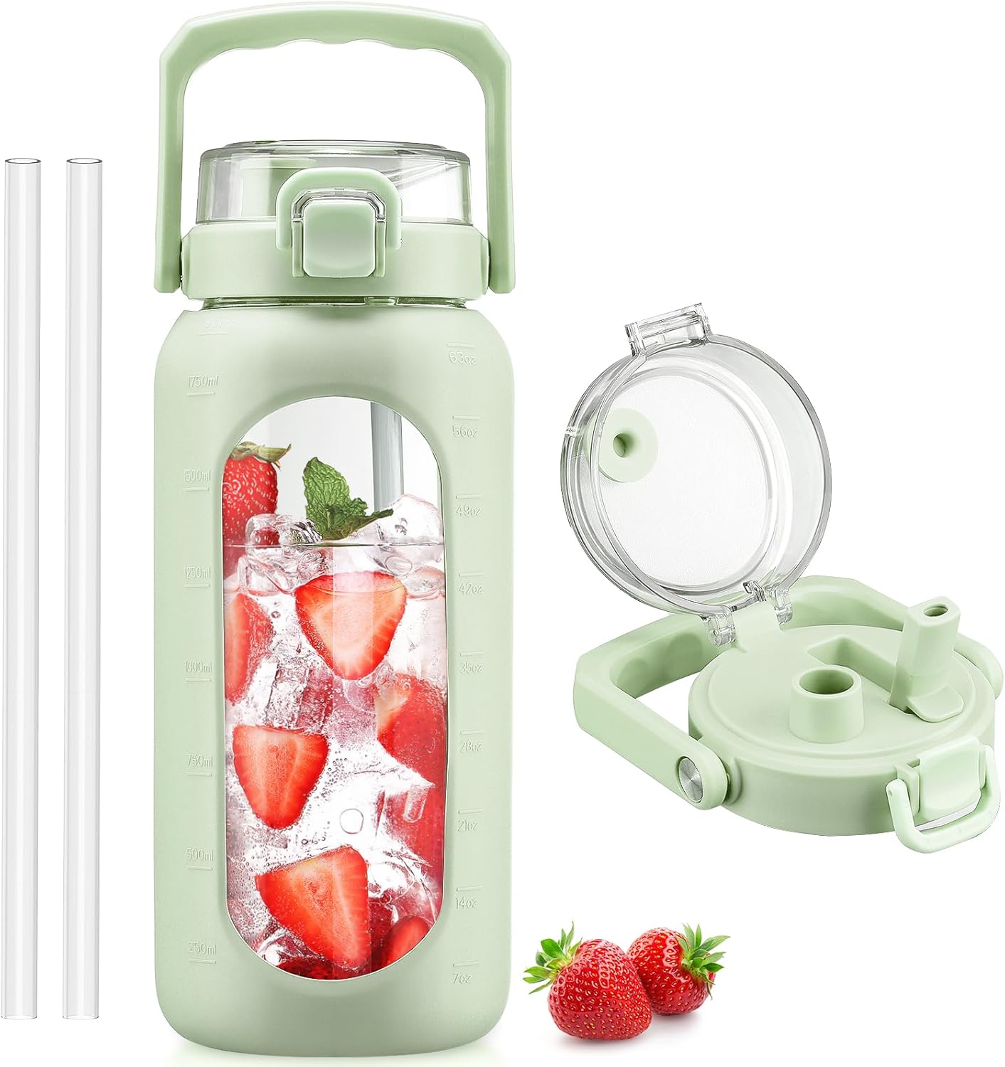 BLUEGO 64oz Glass Water Bottle with Handle and Straw, Motivational Sports Water Bottle with Time Marker and Silicone Sleeve Leakproof Drinking Bottle for Travel Gym Workout, Olive