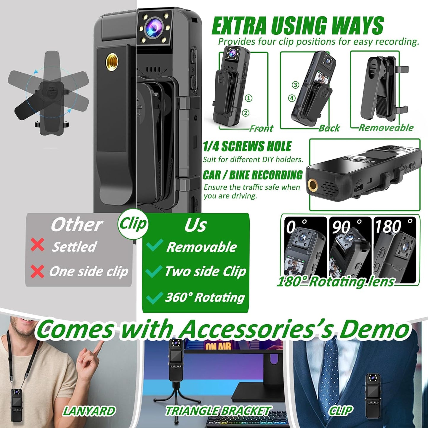 Body Camera with Audio and Video Recording, HD 1080P Body Cam with 180° Rotating Lens, 6HR Battery, IR Cut Auto Night Vision, 128GB Body Worn Camcorder, for Personal Civilians, Police Law Enforcement