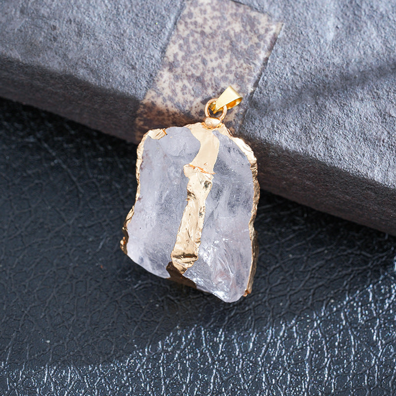 European and American cross-border amethyst crystal pendant necklace natural crystal irregular crystal pendant pink crystal gold-plated hemming