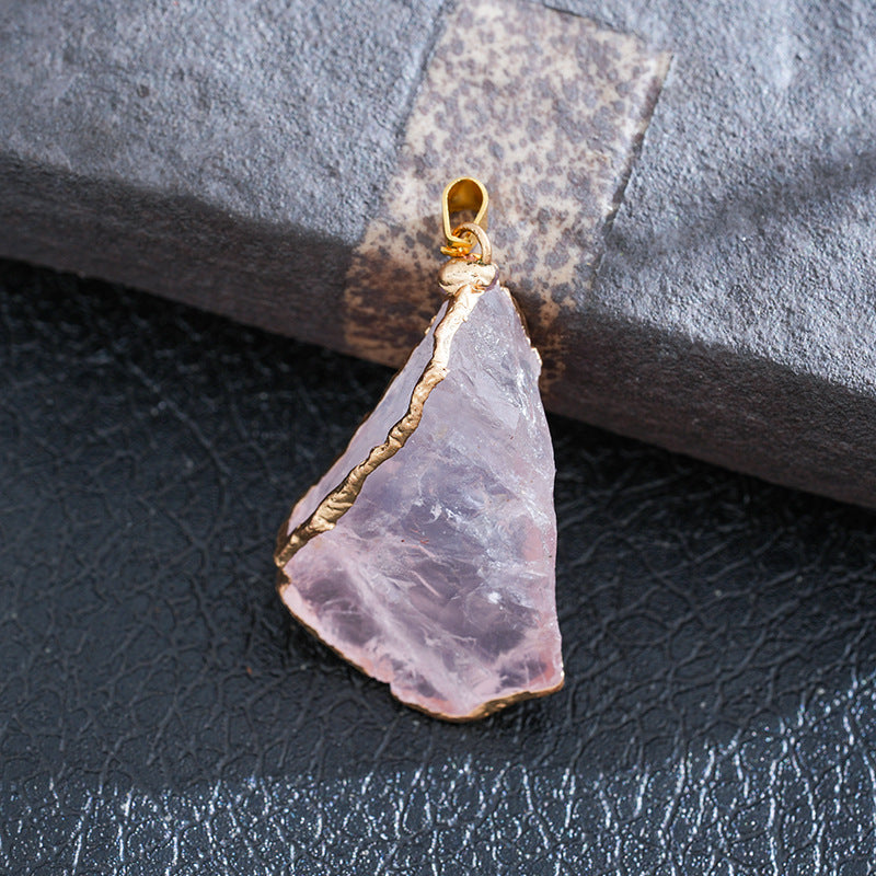 European and American cross-border amethyst crystal pendant necklace natural crystal irregular crystal pendant pink crystal gold-plated hemming