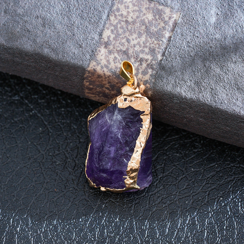 European and American cross-border amethyst crystal pendant necklace natural crystal irregular crystal pendant pink crystal gold-plated hemming