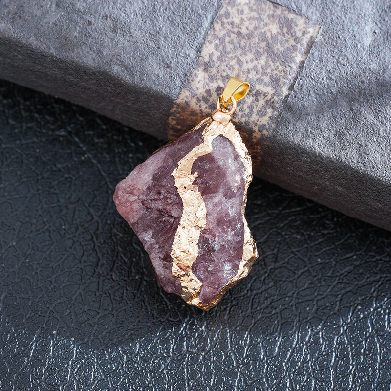 European and American cross-border amethyst crystal pendant necklace natural crystal irregular crystal pendant pink crystal gold-plated hemming