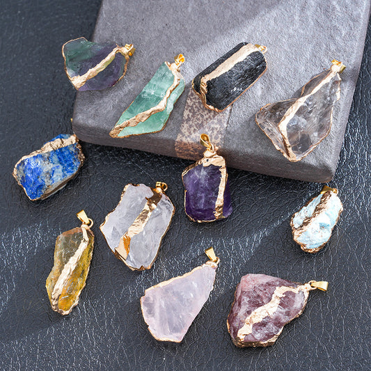 European and American cross-border amethyst crystal pendant necklace natural crystal irregular crystal pendant pink crystal gold-plated hemming